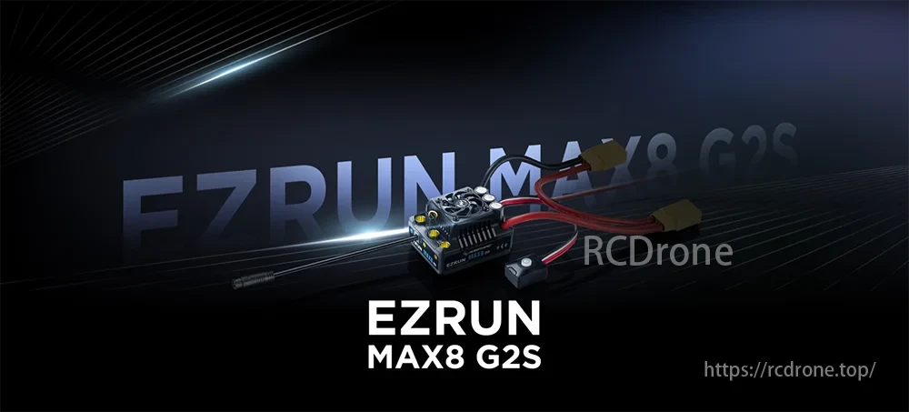 EzRun Max 8 ESC, EzRun Max8 G2S ESC and motors specifications for inductive brushless applications with continuous/peak current, battery support, and adjustable BEC output.