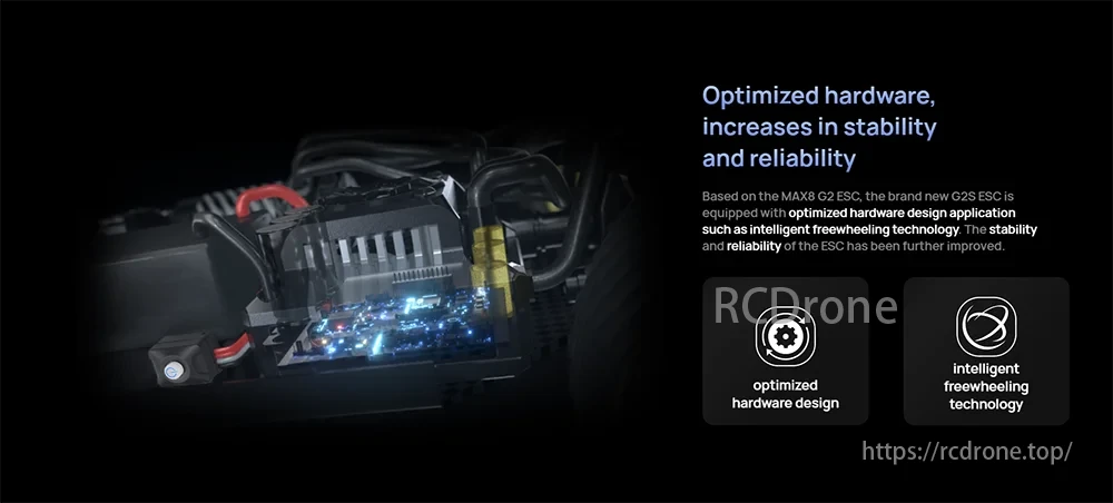 EzRun Max 8 ESC features optimized hardware and intelligent freewheeling for improved stability, reliability, and performance.