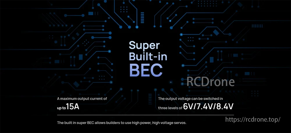EzRun Max 8 ESC, Super Built-in BEC offers 15A max output and switchable 6V/7.4V/8.4V for high-power servos.