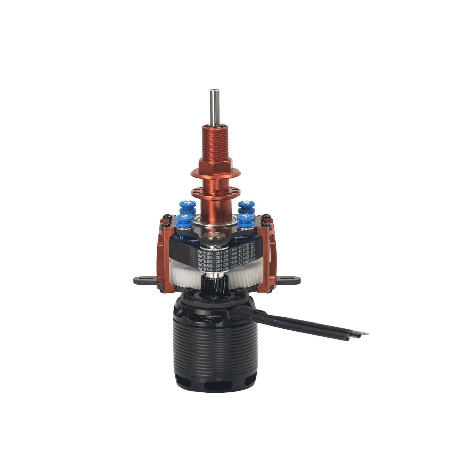 F3A contra drive system with RED 4025HS 500KV motor and 1:4 gear assembly, front view on white