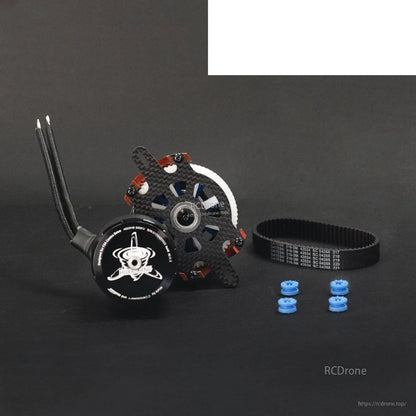 Package contents: motor with mount plate, toothed belt, and four blue standoffs/spacers