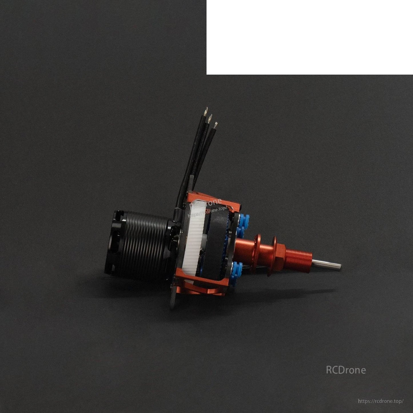 Side profile of contra drive unit showing motor, white gear ring, and red output shaft