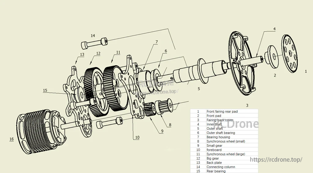 F3A contra drive system exploded view with RED 4025HS 500KV motor, 1:4 gearbox, shafts and bearings