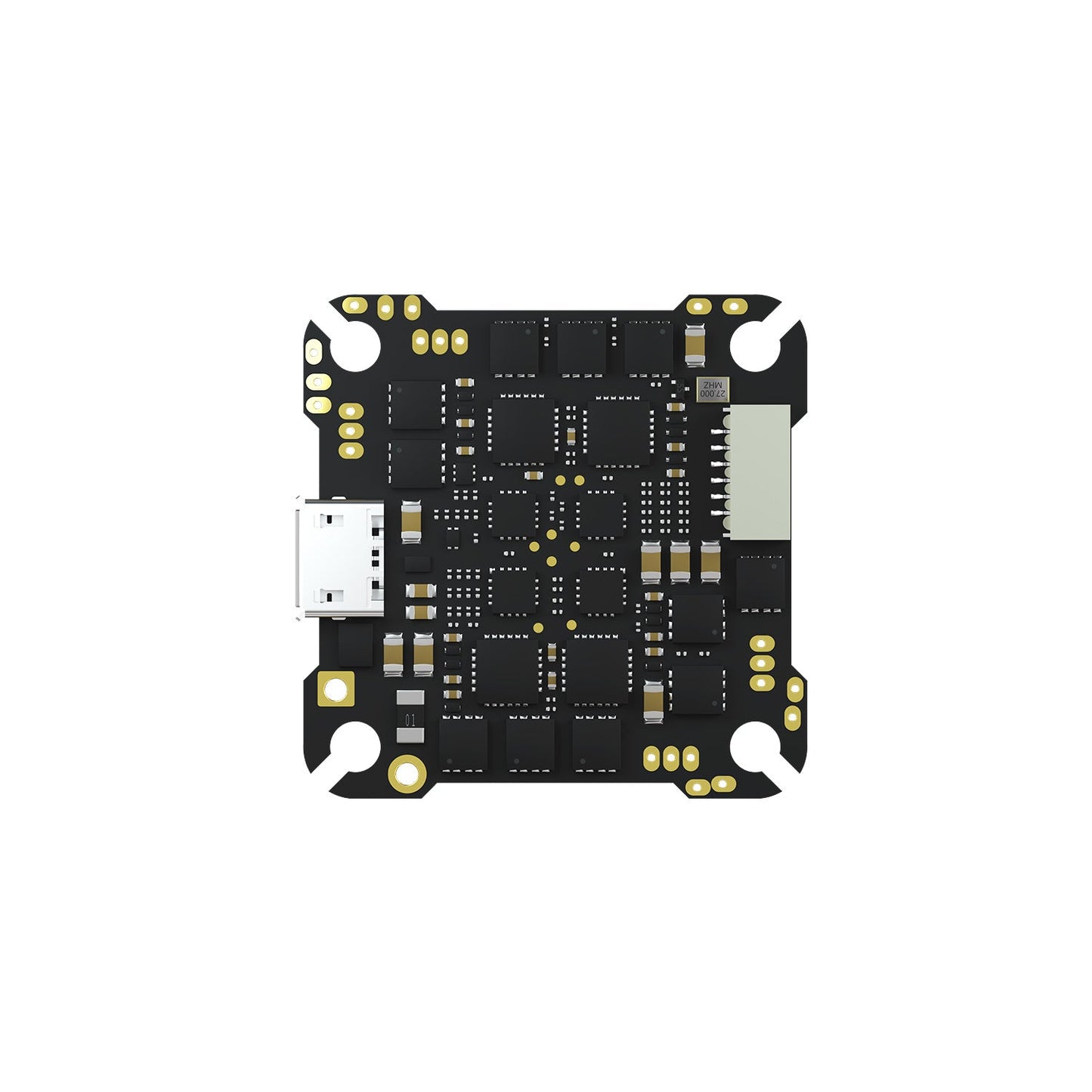 Bottom view of CADDXFPV F4 AIO flight controller board showing solder pads and USB connector
