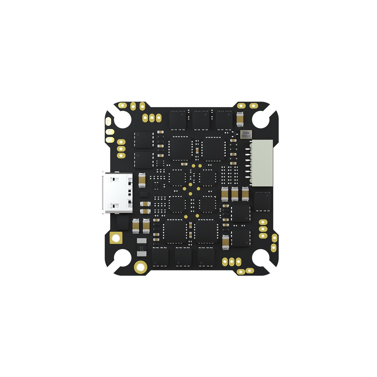 Bottom view of CADDXFPV F4 AIO flight controller board showing solder pads and USB connector