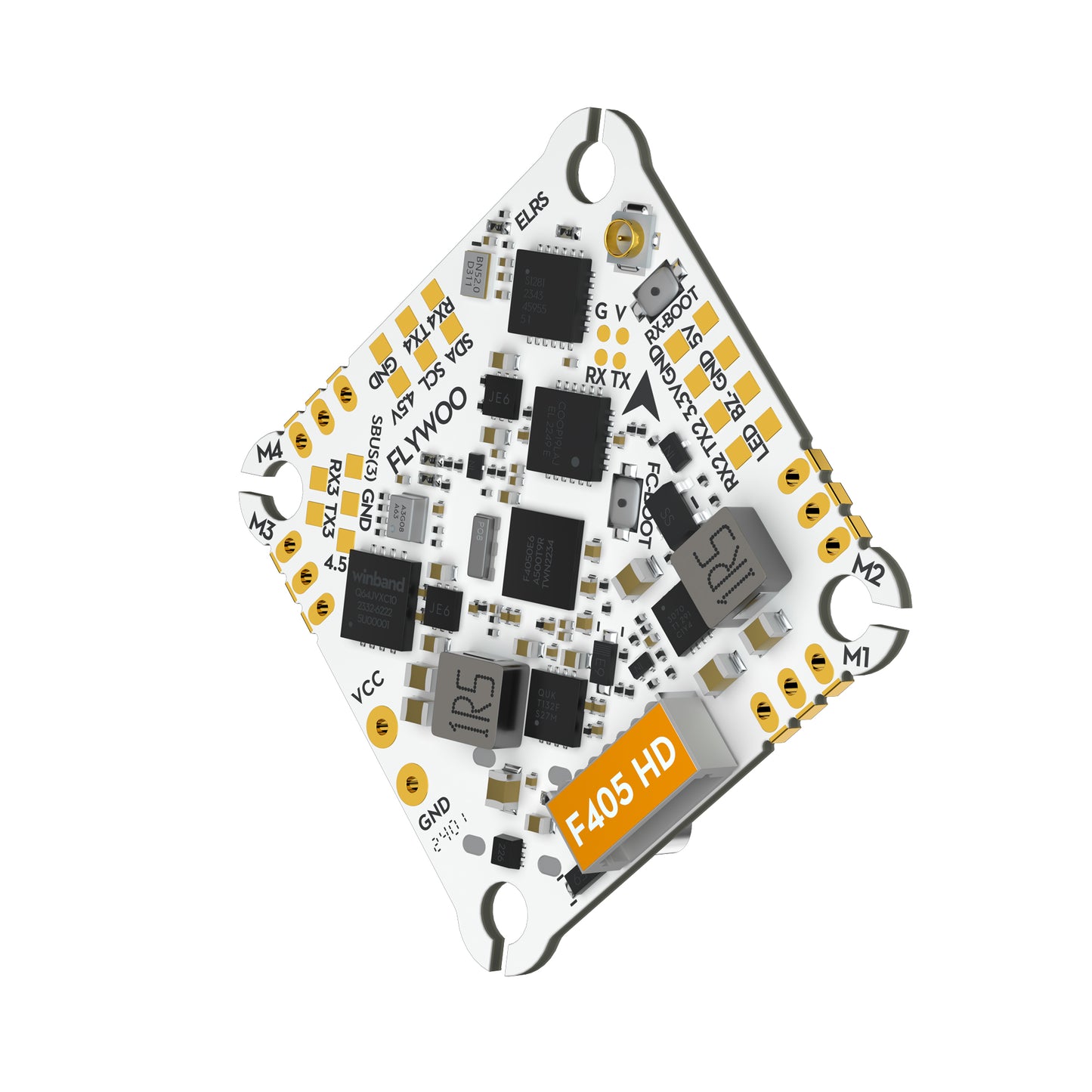 Flywoo GOKU F405 HD AIO flight controller board with labeled motor pads (M1–M4) and RX/TX, 5V, and GND pads