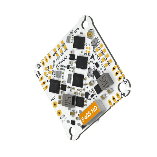 Flywoo GOKU F405 HD AIO flight controller board with labeled motor pads (M1–M4) and RX/TX, 5V, and GND pads