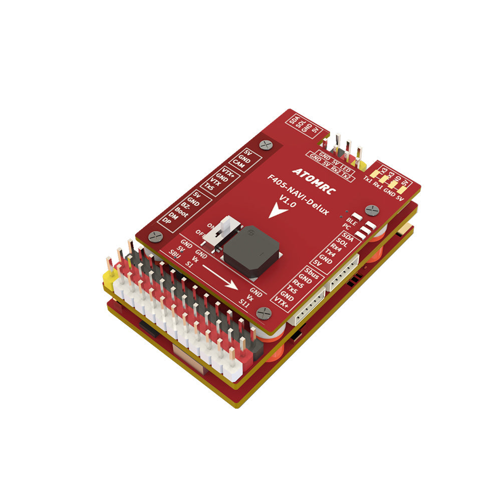 ATOMRC F405 NAVI Delux V1.1 Flight Controller stack, 3D angled view with pin headers and JST plugs