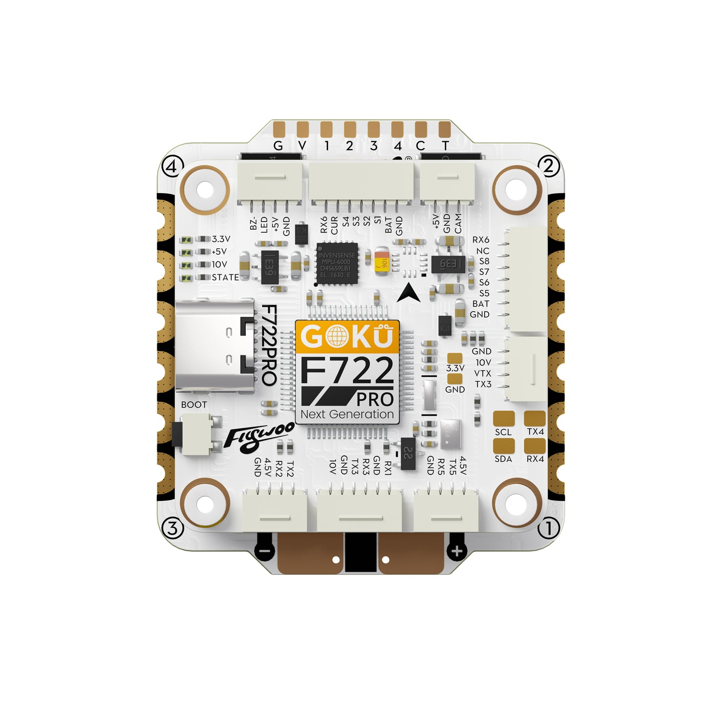 Flywoo GOKU F722 Pro V2 flight controller board with USB-C port and labeled plug connectors