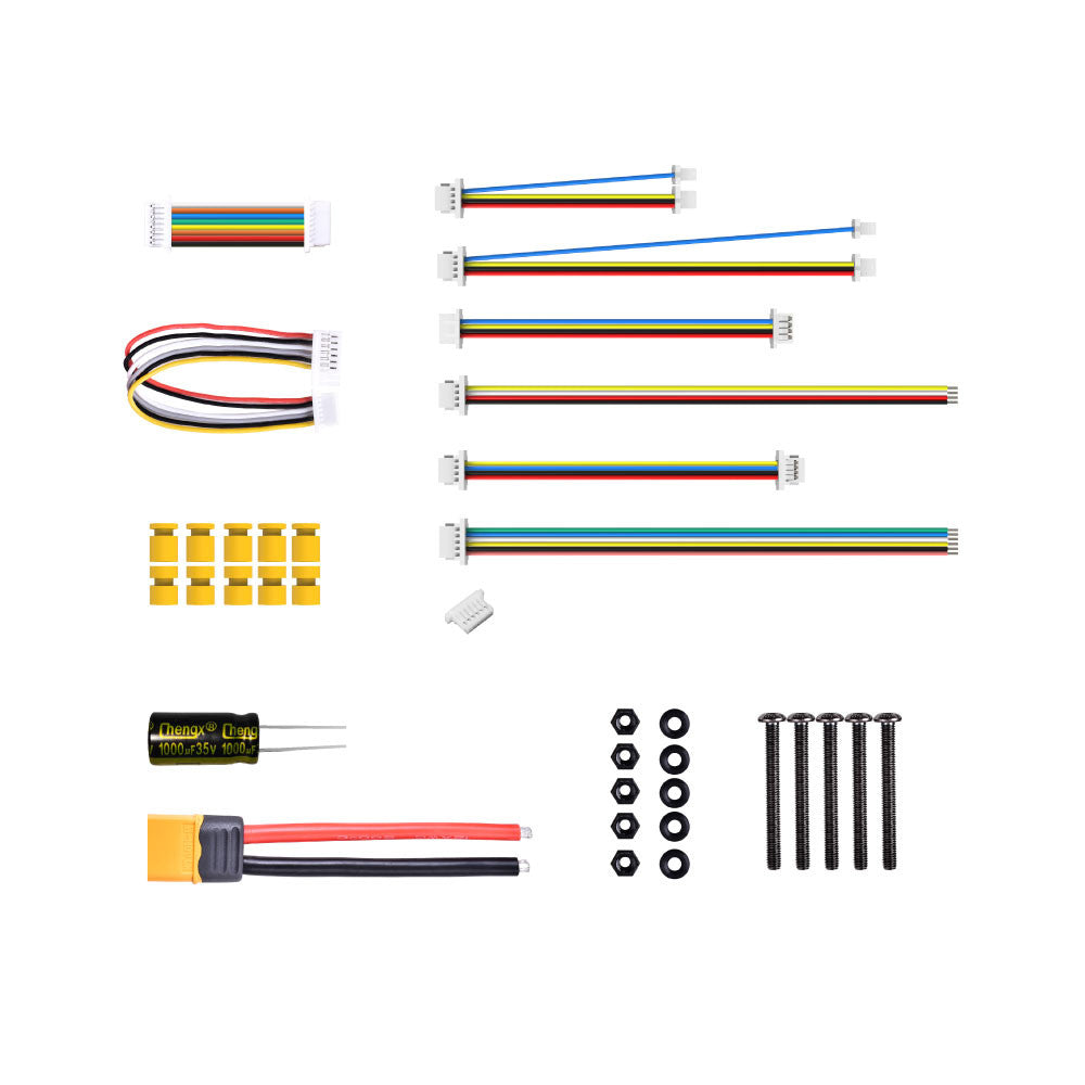 SpeedyBee F7 V3 stack accessory bundle with JST wiring harnesses, XT60 power lead, capacitor, screws and grommets