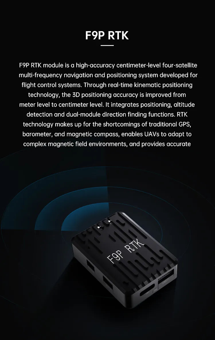 SIYI F9P RTK GPS, High-accuracy navigation system for flight control systems, achieving 3D accuracy down to centimeters.
