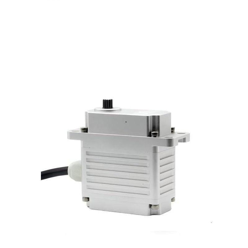 FEETECH AP Series Servo motor, angled view showing mounting flange, output spline gear and cable gland
