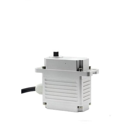 FEETECH AP Series Servo motor, angled view showing mounting flange, output spline gear and cable gland