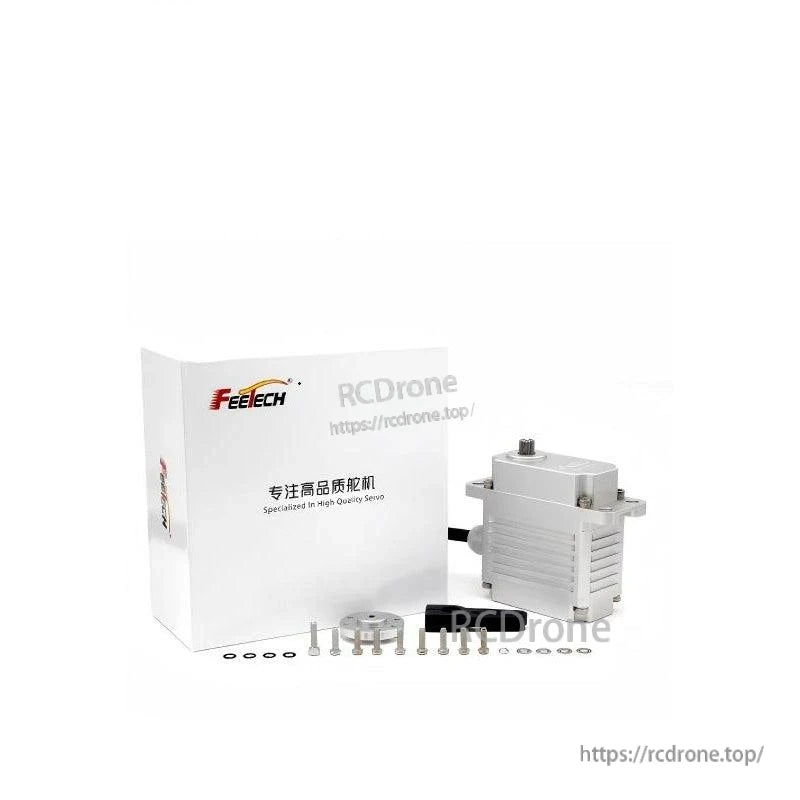 FEETECH AP Series Servo package contents with retail box, servo unit, mounting bracket, screws and washers