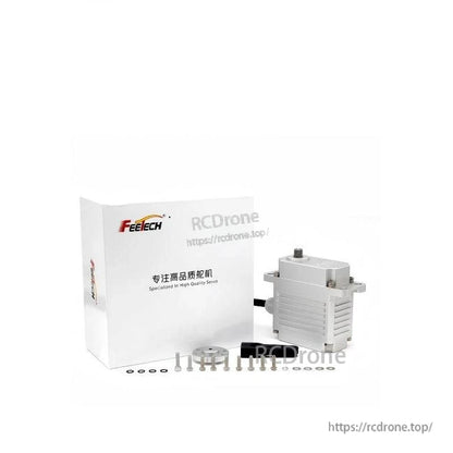FEETECH AP Series Servo package contents with retail box, servo unit, mounting bracket, screws and washers