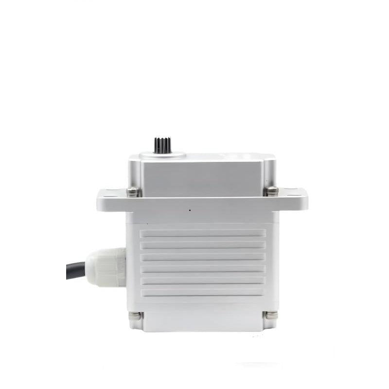 Servo motor front view with wide mounting tabs, output spline on top, and side cable gland