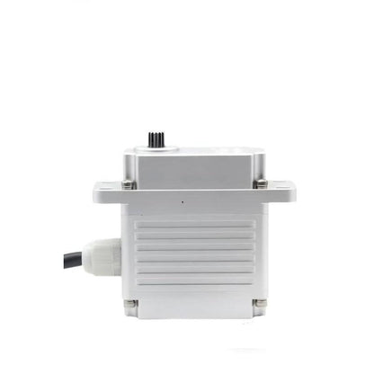 Servo motor front view with wide mounting tabs, output spline on top, and side cable gland