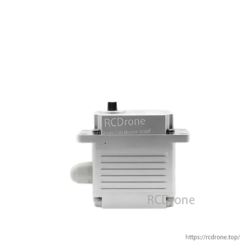 Rear view of servo motor housing with horizontal cooling fins and mounting tabs