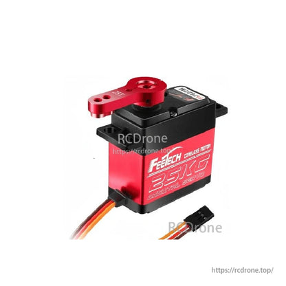 FEETECH FI7622M Servo, FEETECH 25KG digital servo with coreless motor, metal gears, ball bearings, 7.4V input, 180° rotation, and durable PA + aluminum casing.