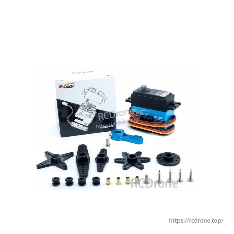 FT7135 servo kit package contents with box, servo horns, screws, grommets and brass bushings