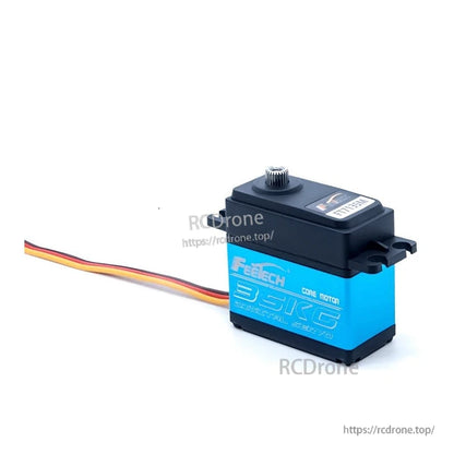 FT7135 servo motor side profile showing blue casing and top output shaft without horn attached