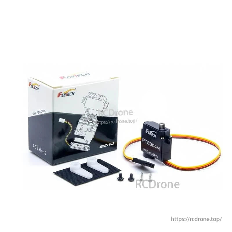 FEETECH FT2304M Servo, FEETECH FT2304M: 6V, 3.0kg.cm torque, 120° travel, metal gears, 3.5–8.4V input, 0.08sec/60° speed at 6V, digital coreless motor, includes accessories and packaging.
