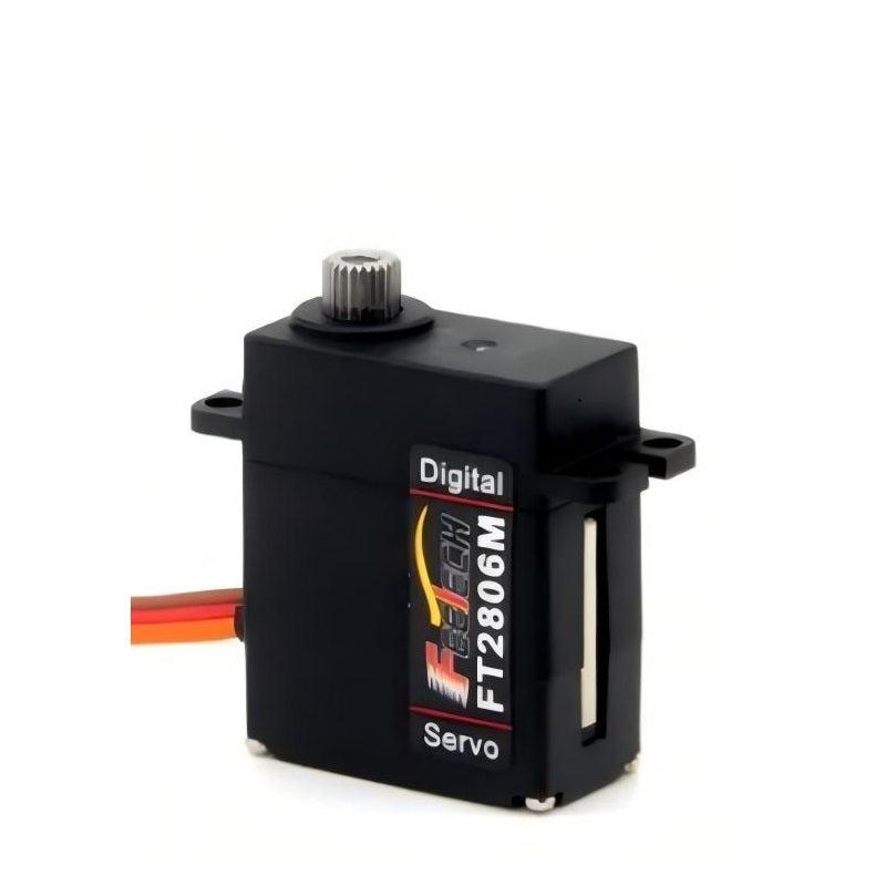 FEETECH FT2806 servo motor angled view with FT2806M label, metal 25T output spline and lead wire