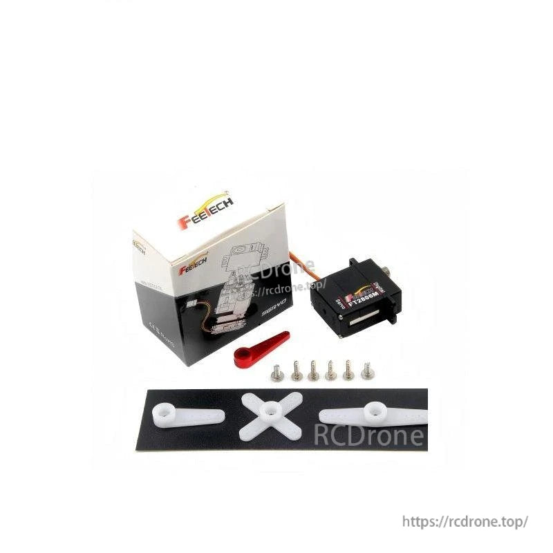 FEETECH FT2806 servo kit contents with retail box, servo, plastic horns, screws and red servo arm