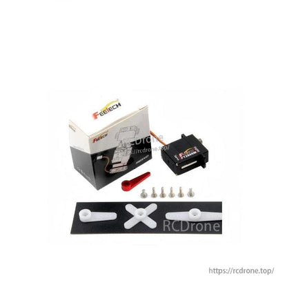 FEETECH FT2806 servo kit contents with retail box, servo, plastic horns, screws and red servo arm