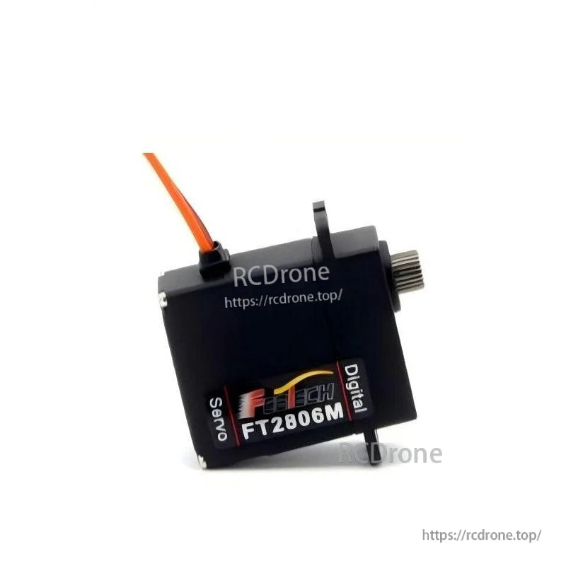 Servo motor top/side view highlighting 25T output shaft, mounting ear profile, and wire grommet