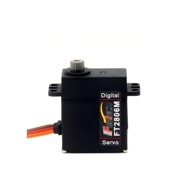 Digital servo close-up showing FT2806M side label, mounting tabs with holes, and 3-wire cable exit