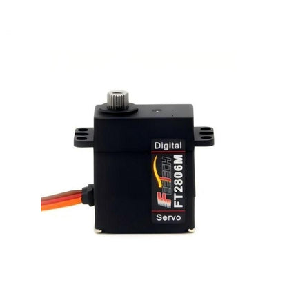 Digital servo close-up showing FT2806M side label, mounting tabs with holes, and 3-wire cable exit