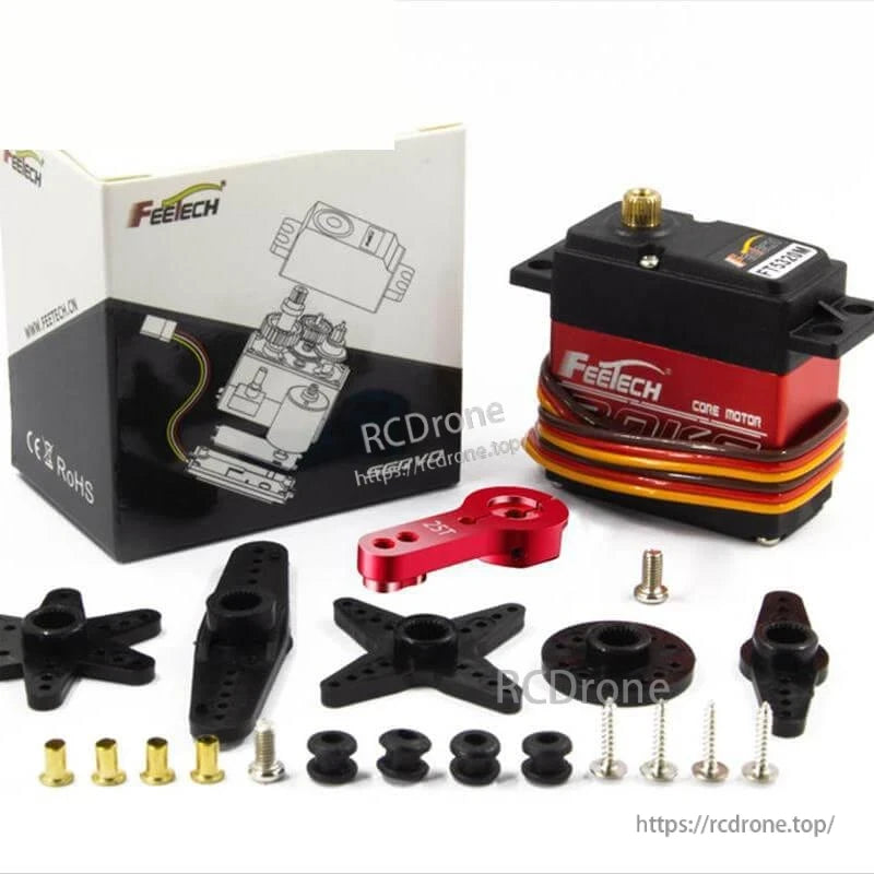 FEETECH servo kit package contents with box, servo, metal arm, horn set, rubber grommets and screws