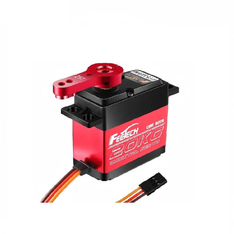 FEETECH FT5320M servo angled view with red aluminum servo arm installed and 3-wire lead connector