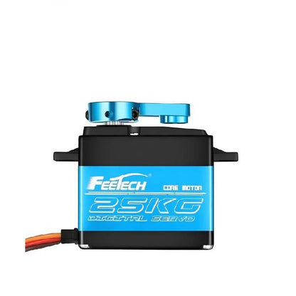 FEETECH FT5325M servo motor side view with blue metal case, 25KG label and aluminum horn installed