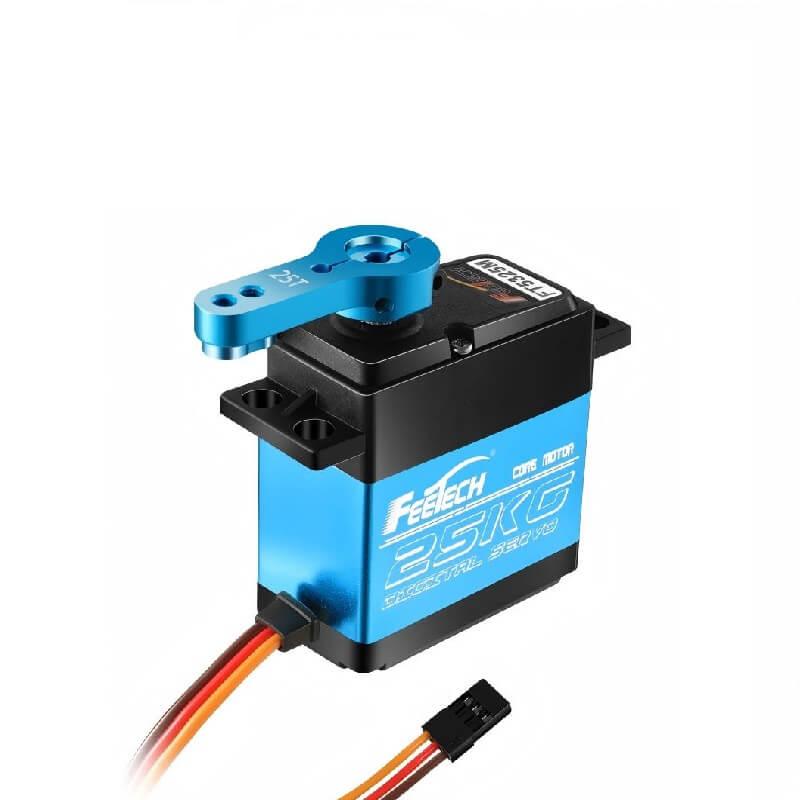 Angled view of FEETECH FT5325M servo with mounting tabs, aluminum servo horn and 3-wire connector lead