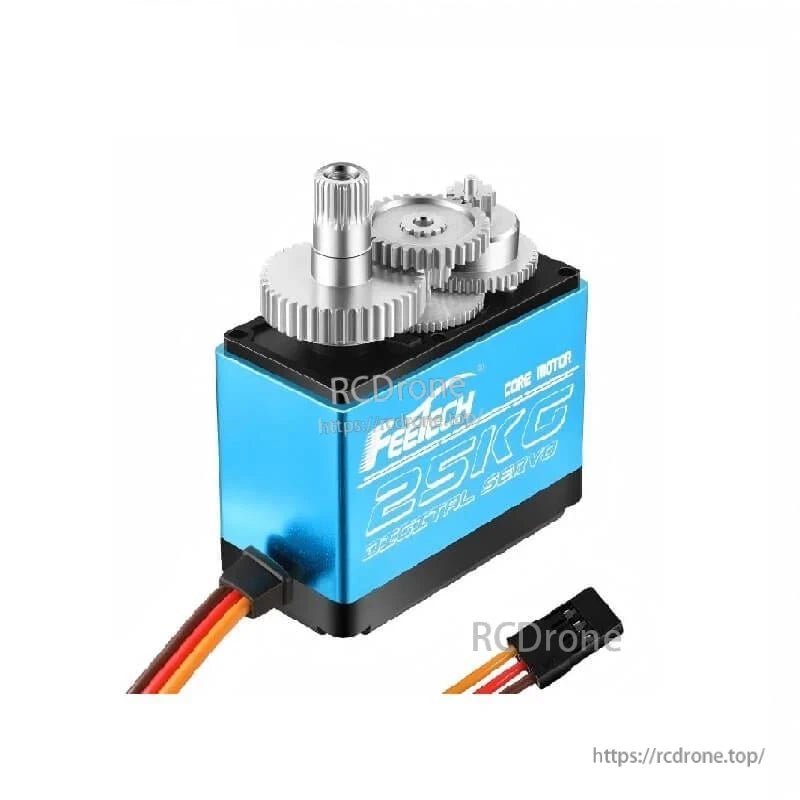 Angled close-up of exposed metal gears on blue digital servo case with 3-wire lead and plug