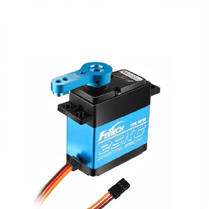 Angled view of FEETECH FT5330M servo with mounting tabs, lead wire, and 3-pin plug