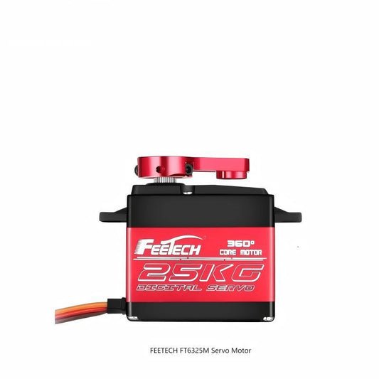 FEETECH FT6325M servo side view with 25KG digital servo label and metal servo arm installed