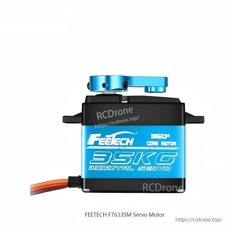 FEETECH servo labeled FT6335M, 35KG digital servo side view with blue case and metal arm