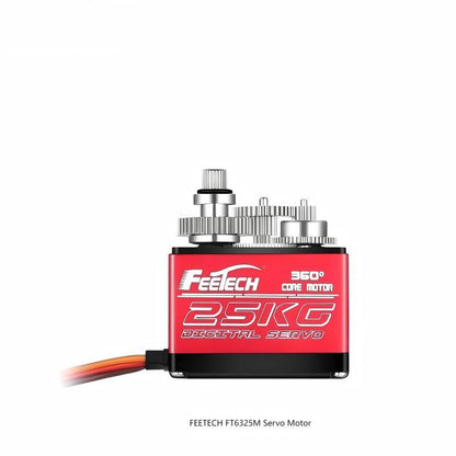 FEETECH FT6325M servo with top cover removed showing metal gear train and output spline