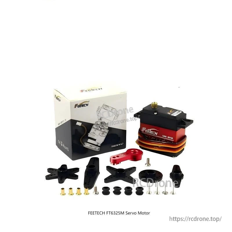 FEETECH FT6325M servo kit with retail box, horn/arm set, screws, bushings and mounting hardware