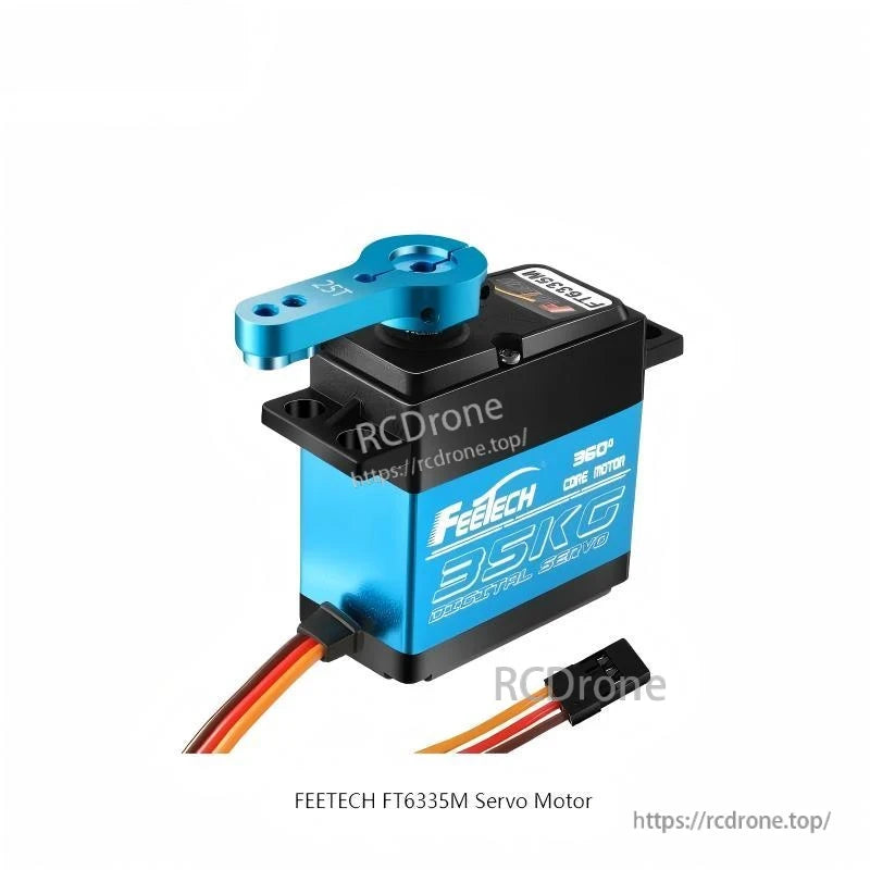 Angled view of blue FEETECH servo labeled 35KG with attached metal arm and 3-pin connector lead