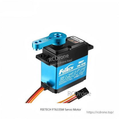 Angled view of blue FEETECH servo labeled 35KG with attached metal arm and 3-pin connector lead