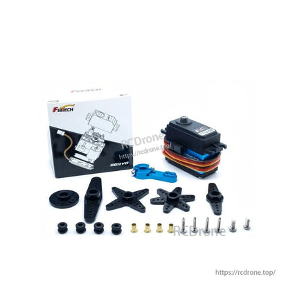 FEETECH FT7235 Servo, FEETECH FT7235 servo motor: 7.4V, 35KG torque, 180° magnetic encoder, steel gears, 25T spline, 4–9V compatible, includes accessories and packaging.