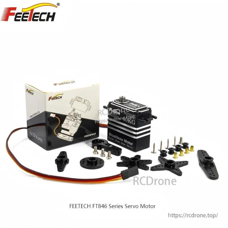 FEETECH FT83 Series Servo, FEETECH FT846 brushless servo motor with steel gears, aluminum case, 6V–8.4V, 30–40kg·cm torque, includes mounting hardware.