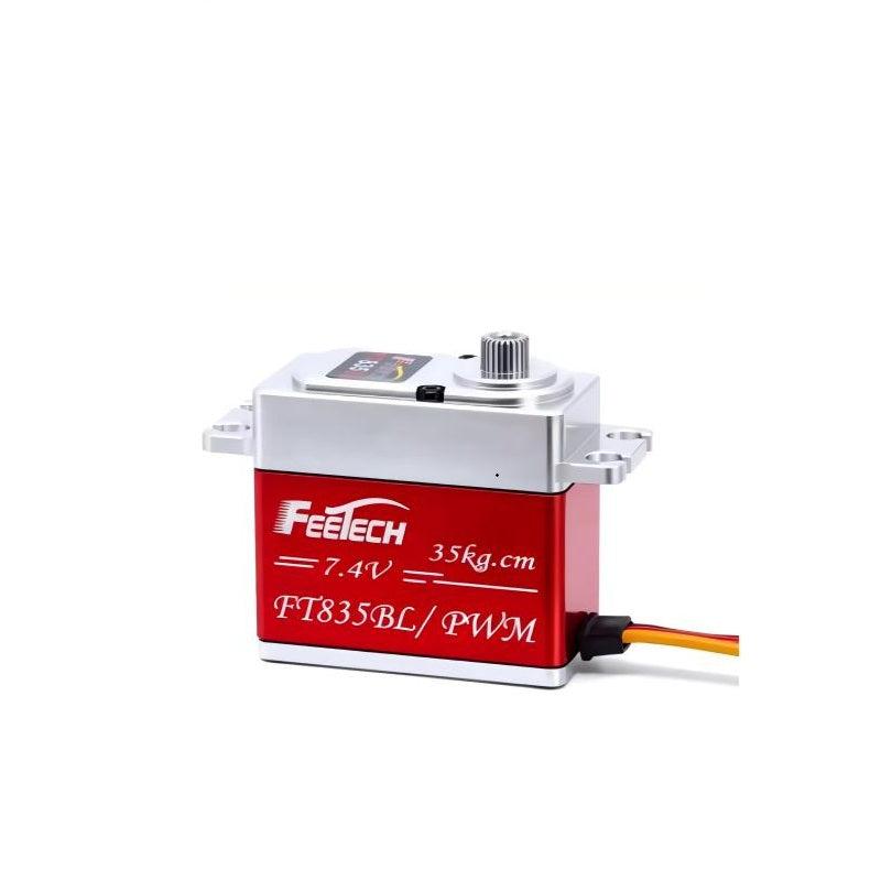 FEETECH FT835BL brushless servo, angled view with metal case, spline output shaft and 3-wire lead