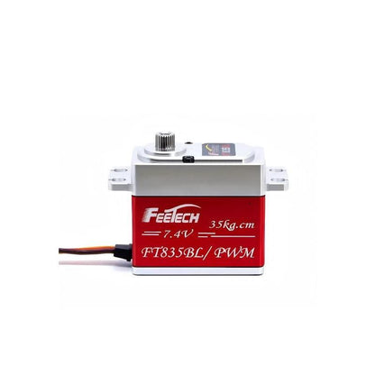 Side profile of FT835BL servo showing FEETECH label, mounting tabs and cable exit
