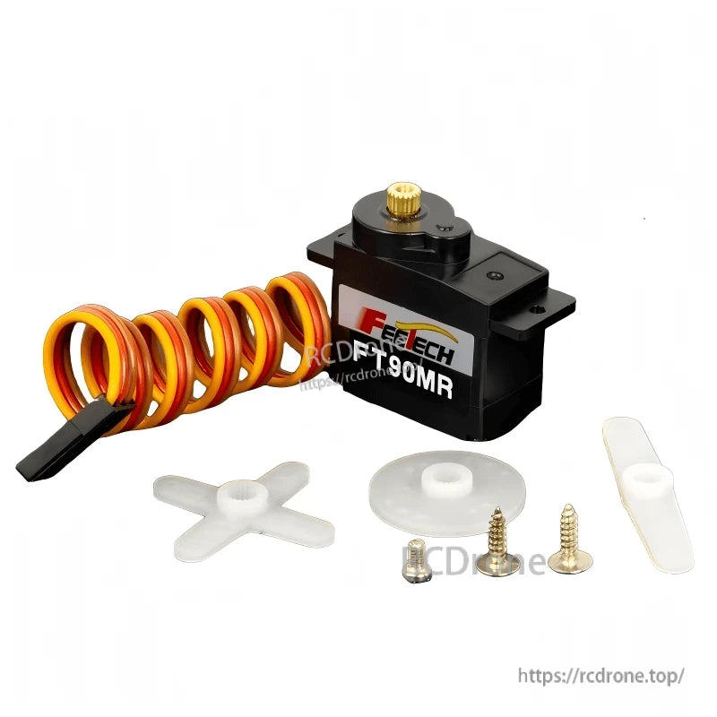 FEETECH FT90M Servo, FEETECH FT90MR: metal-gear micro digital PWM servo, 2.3kg.cm torque at 6V, 0.1s/60° speed, operates 3–8.4V, includes accessories and springs.