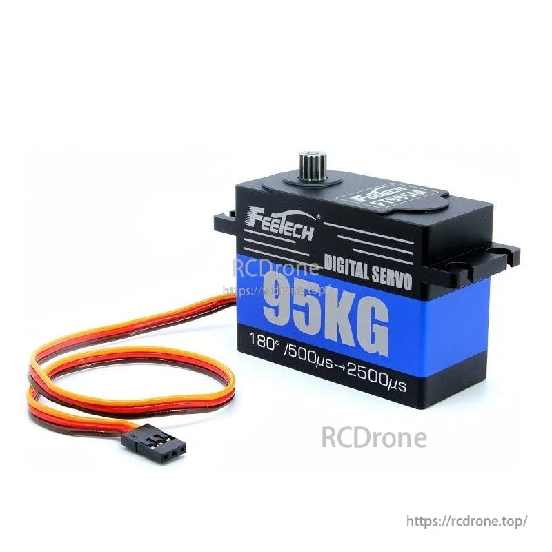 FEETECH FT995M Servo, FEETECH 95KG digital servo with 180° rotation, 500-2500μs pulse width, steel gears, and aluminum case for durability and high torque performance.